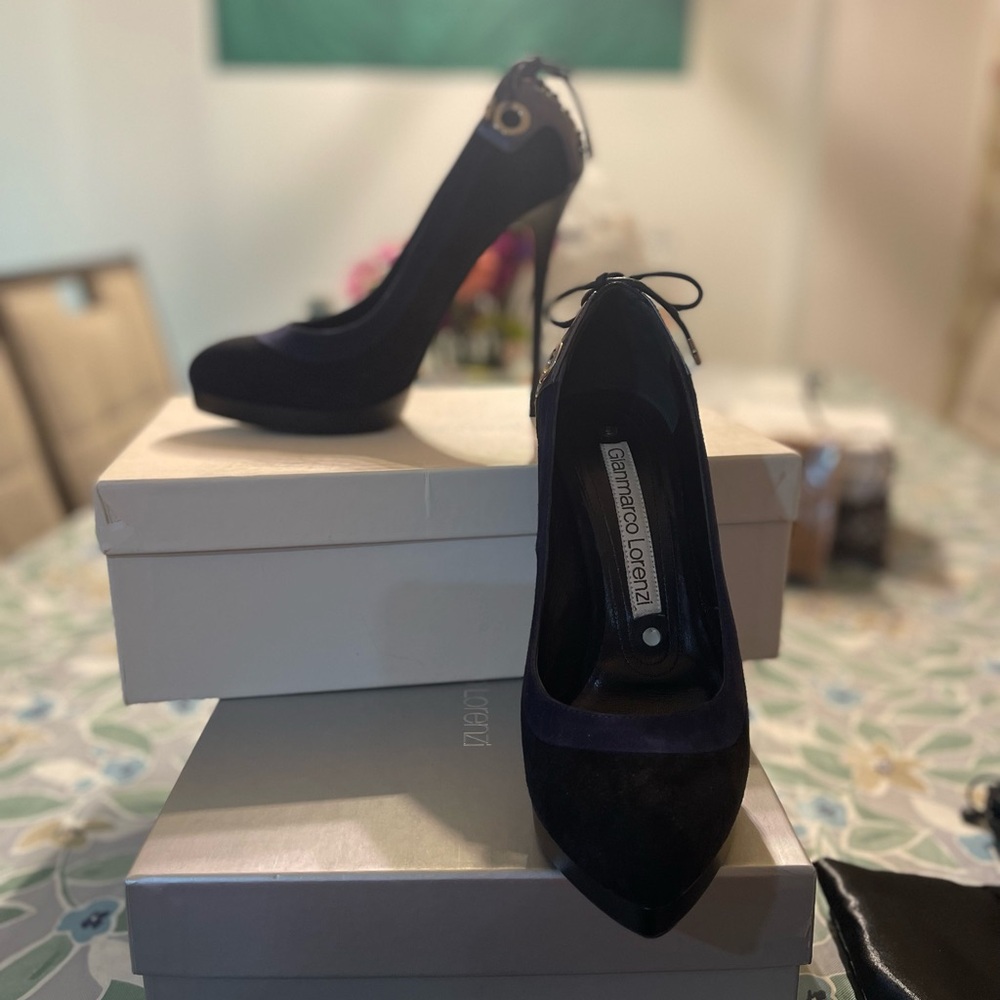 Gianmarco Lorenzi Black Suede Pointed Toe High Heels with Back Tie